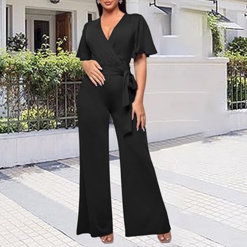 Image of PaladMom Womens Elegant Plus Size Jumpsuits Sexy Back zipper Short Sleeve Mid Waist Wide Leg Straight Rompers