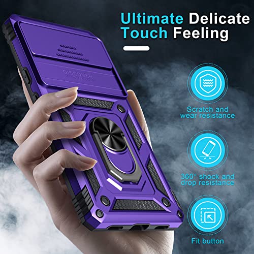 Google Pixel 7A Case Built In Slide Camera Lens Cover+Screen Protector [2 Pcs]+Finger Ring Holder Kickstand,Heavy Duty Shockproof Full Body Protective Cover,2023 Purple #TOP6