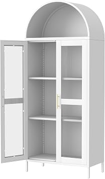 73" Tall Modern Arched Metal Cabinet with Glass Doors & 2 Adjustable Shelves, Farmhouse 4-Tier Display Shelf, Freestanding Pantry Storage for Kitchen, Dining, Living Room, Display Organizer, White