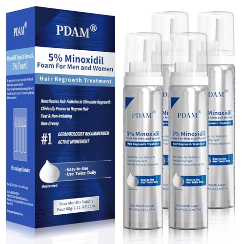 Image of PDAM 5% Minoxidil for Men and Women Foam - Clinically Proven to Regrow Thinning Hair, Topical Hair Loss Treatment, Maximum Strength Foam for Thicker & Fuller Hair, 4 Month Supply (4 x 2.11 oz)