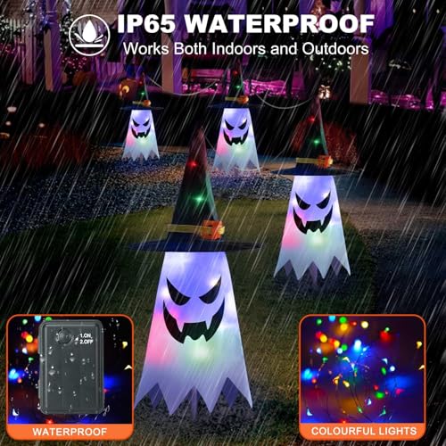 4 Stück LED Geister mit Hexenhu für Halloween Deko Outdoor,LED Halloween Horror Dekoration für Garten Rasen Gruselig Outdoor,Hängende Gespenster Dekorationen