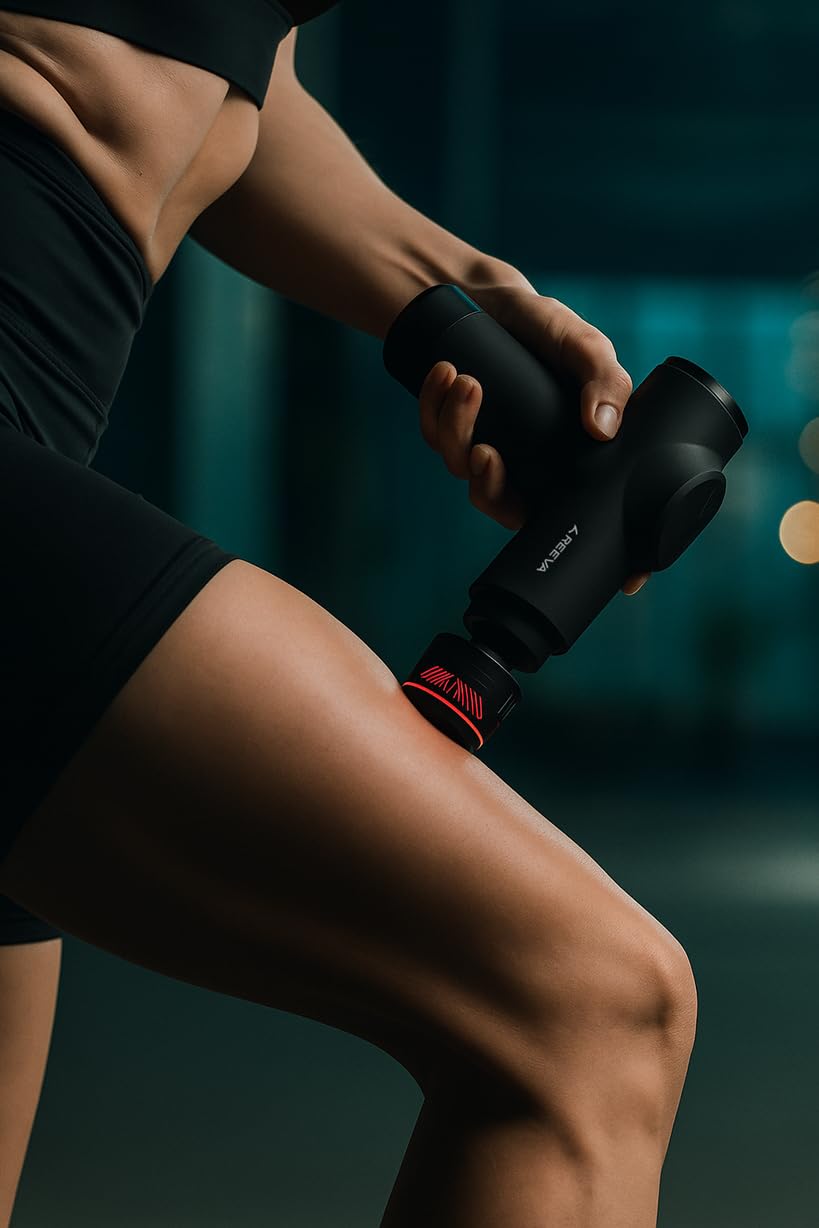 reeva Ember Pro - Pistola de masaje profunda inalámbrica con terapia de calor y frío, 5 velocidades, 5 cabezales de masaje, masajeador con batería para relajación muscular, recuperación y deporte