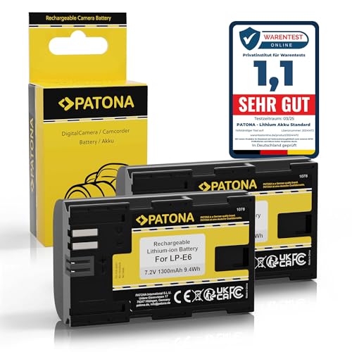 PATONA 2X LP E6 Batería 1300mAh Compatible con Canon EOS 5D Mark II III IV 5DS R R5 6D 7D 60D 60Da 70D 80D 90D XC10 XC15 5 6 7 60 70 80 90 D XC 10 15 WFT E5 E7 LPE6 LP E6