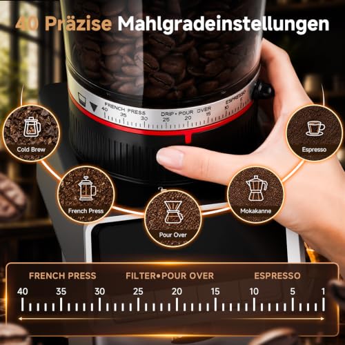 AAOBOSI Kaffeemühle, Antistatik, 40 Mahlgrade, LED-Display – Ansicht 4