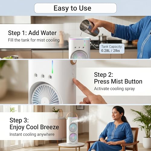 Image of Mini Air Cooler USB Rechargeable Fan with Spray Mist & Remote
