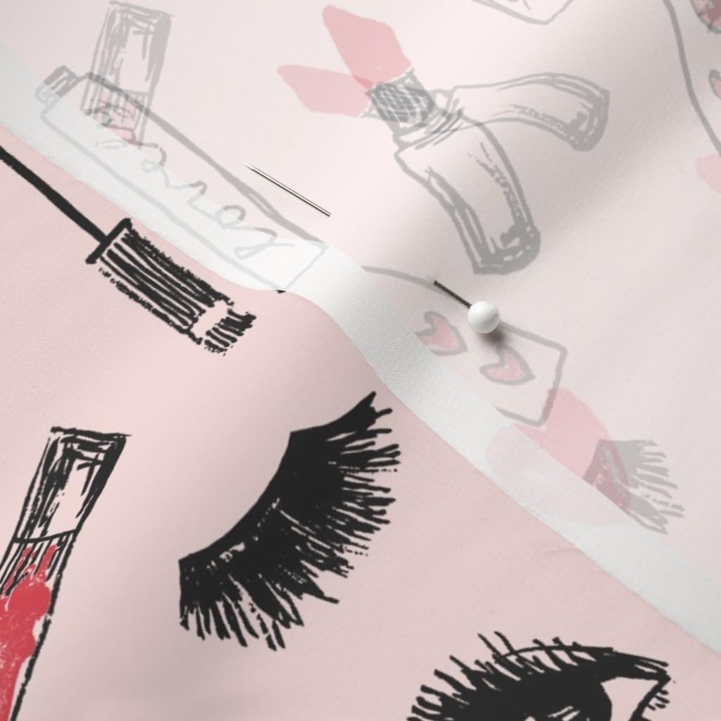 Spoonflower Fabric - Makeup Lipstick Eyelashes Beauty Valentines Day Pink Kiss Lips Eyes Printed on Chiffon Fabric by The Yard - Sewing Fashion Apparel Dresses Home Decor