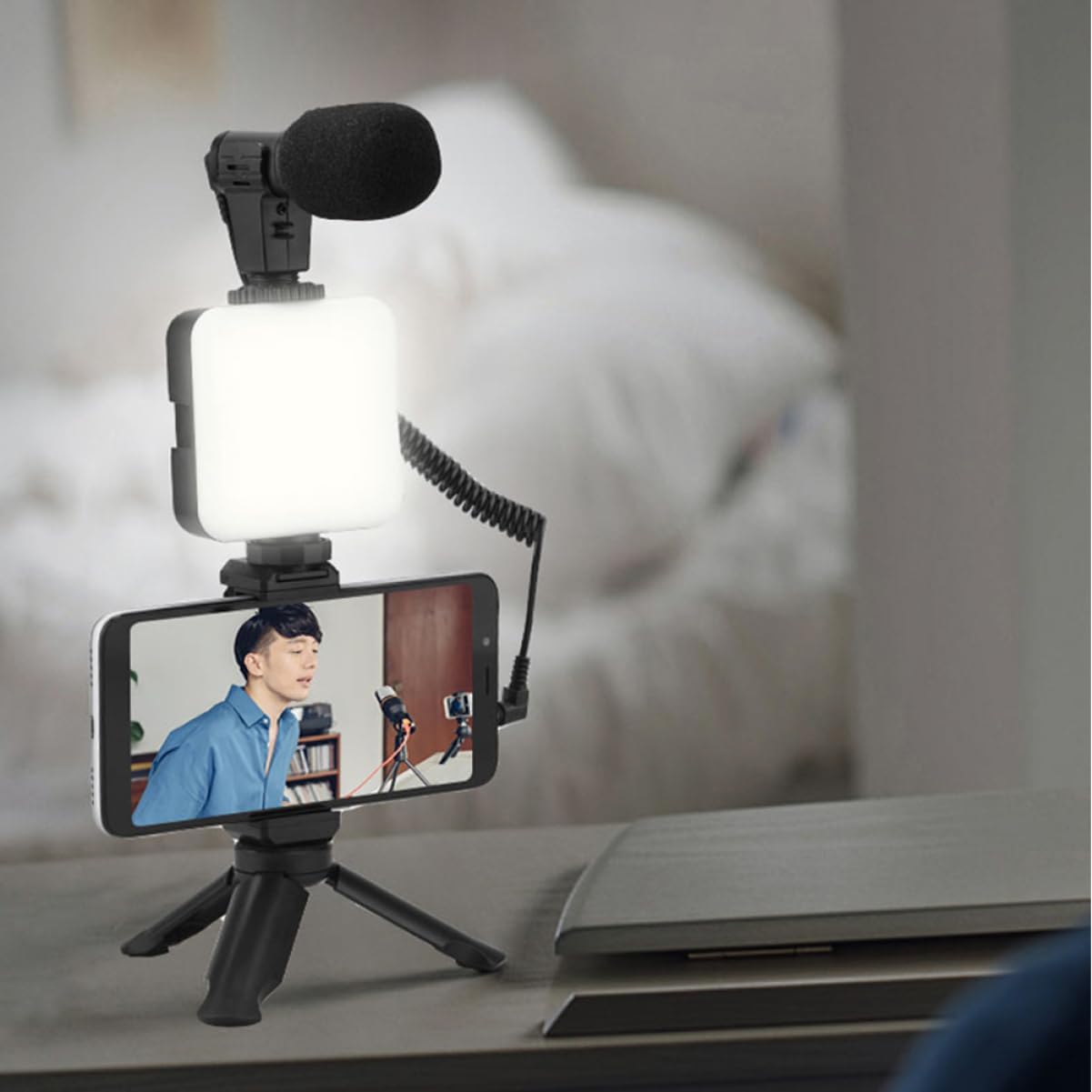 Cellphone Video Kit Fill Light Phone Holder Microphone Desktop Tripod for Vlogging