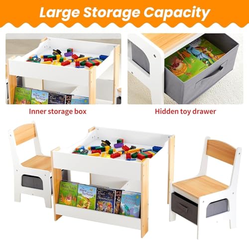 Asweets Kindertisch mit 2 Stühlen, Spieltisch Multifunktionale Aktivitätstisch mit Wendbarer Tischplatte, Bücherregalen, Kindersitzgruppe Holz, Maltisch für Kleinkind Mädchen Jungen mit Stauraum