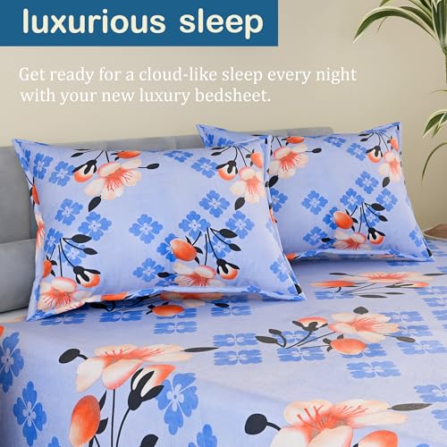 Image of Kuber Industries Cotton ‎100 TC Double Bedsheet With 2 Pillow Covers | Machine Washable Soft Bedsheet For Living Room, Home & Hotels | Flower Print - Light Blue