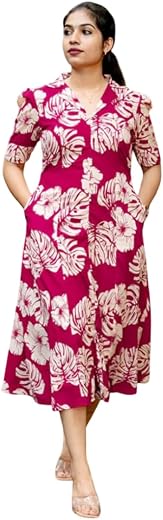 Fairy Creation Women's Cotton Floral Printed A-Line Midi Dress with Stylish Collar V-Neck &amp; Side Pockets – Summer Casual W...