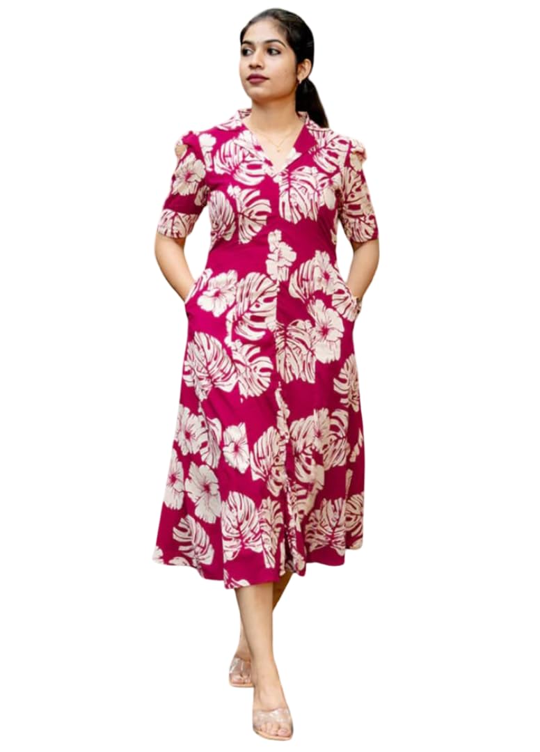 Fairy Creation Women's Cotton Floral Printed A-Line Midi Dress with Stylish Collar V-Neck & Side Pockets – Summer Casual Wear (Maroon & Green)