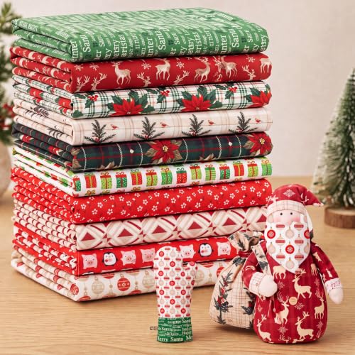 Tatuo 10 Piezas Patchwork de Tela de Algodón para Acolchado 50 x 50 cm Paquetes de Telas Fat Quarter Diseño Diferente para Costura Manualidades y Bricolaje(Navidad)