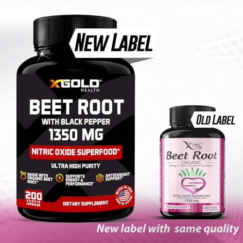 Organic Beet Root Beet Capsules 1350 mg 200 Veggie caps Superfood Nitric Oxide Strongest Premium Supplement Natural Nitrates | Black Pepper for Best Benefits | Non-GMO, & Gluten-Free | Made in USA