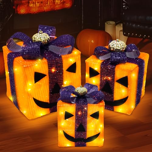 Krissing 3 Pack Lighted Gift Boxes - Outdoor Halloween Orange and Purple Gift Boxes with Lights - Pumpkin Battery Operated Light Up Decor for Outside Porch Yard Table Party