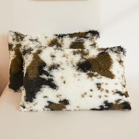 LIFEREVO 2 Pack Animal Cow Print Shaggy Plush Faux Fur Pillow Shams 20"x36" Pillow Cases Fluffy Decorative Pillowcases with Zipper Closure,No Pillow Insert (Cow Print Brown, King) Cover