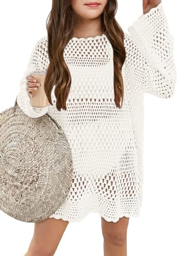 CharmWM Girls Long Sleeve Swimsuit Cover Up Kids Fashion Crochet Swim Coverup Beach Dress 5-14 Years White
