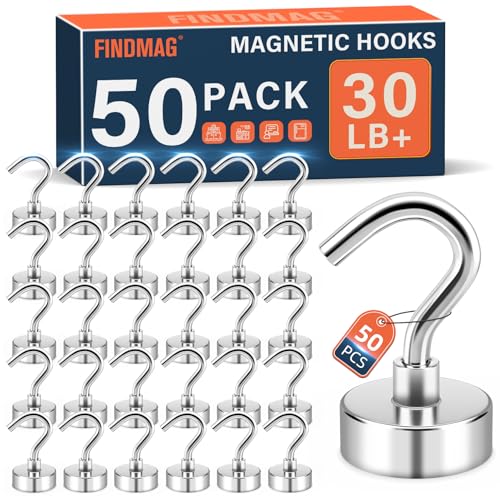 Image of FINDMAG 50 Pack Magnetic Hooks for Cruise Cabins, 30LB+ Magnets with Hooks | Silver Heavy Duty Metal Magnetic Hooks for Grill, Office, Refrigerator, Classroom and Locker, Cruise Ship Cabin Essentials