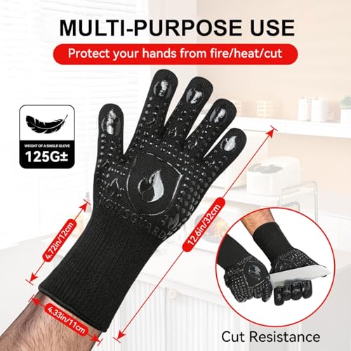 Image of BBQ & Grill Gloves, Oven Gloves, 1472F Silicone Oven Mitts Heat Resistant Grilling Gloves Fireproof Non-Slip for Barbecue Cooking Baking Smoking, 1-Pair Black(M)
