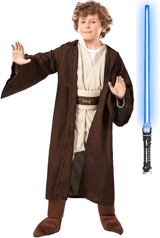 5PCS Kids Costume Tunic Uniform Hooded Robe Pants with Belt Lightsaber Halloween Cosplay Outfit for Boys Girls