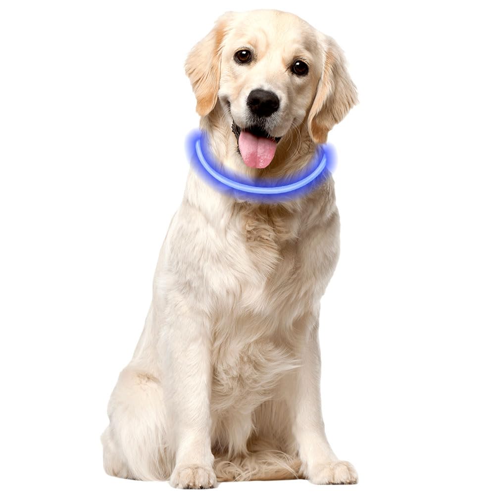 Voarge Collare luminoso per cane - Ricaricabile - Con 3 modalità di illuminazione - LED regolabile in lunghezza - Per cani di taglia media e grande - Blu