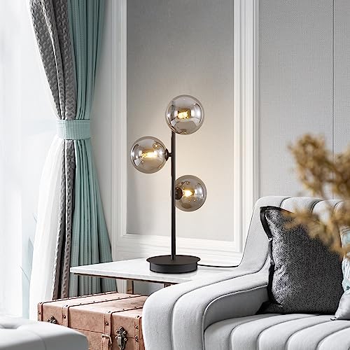 Image of Mid Century Modern Table Lamp, Black 3 Light Reading Lamp with Smoky Grey Glass Shade, Bedside Lamp for Bedroom Living Room Study Room