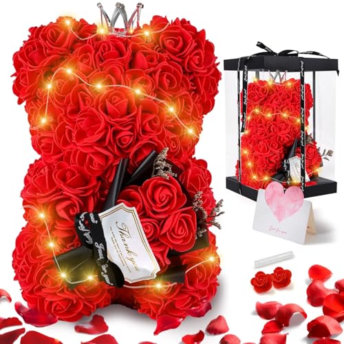 MOXTOYU Rosen Bär 25cm Rosen Teddybär mit Geschenkbox Geburtstagsgeschenk für Frauen Valentinstagsgeschenk mit Grußkarte Kronen- und Blumenmuster Vollständig zusammengebaute