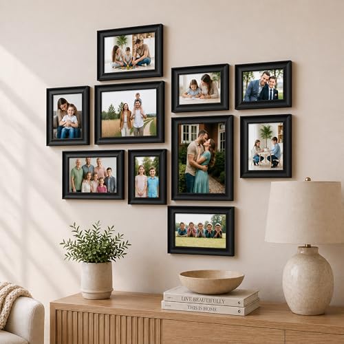Image of Art Street Wooden Collage Photo Frame Set of 10 for Wall Decor | Multi Size Family Picture Frames Gallery Wall Set | Wooden Photo Frames for Living Room, Bedroom, Hallway & Home Decoration (Black)