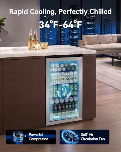 Image of Feelfunn 126 Can Beverage Refrigerator, Glass Door Mini Fridge, 3.2 Cu.Ft