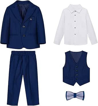 SWOTGdoby Boys Suits 3 Piece Slim Fit Check Plaid Kids Tuxedo Suits for Boys Formal Dress Blazer Jacket Pants Vest Wedding Sea Blue