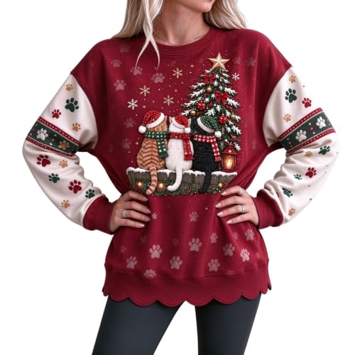 Women Christmas Graphic Crew Neck Cozy Paw Print Comfortable Sweatshirt - image 6