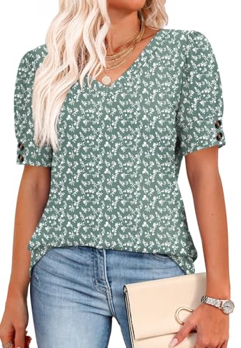 Image of OFEEFAN Womens Tops Short Sleeve Shirts Buttons V Neck Spring Fashion Summer Outfits Plus Size Blouses Dressy Casual