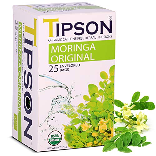 Tipson Organic Moringa Caffeine Free Herbal Tea – Original Flavor – 25 Premium Double Chambered Bags – Superfood Tea – Keto/Paleo Diet Compatible