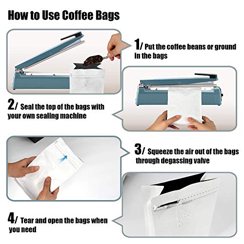 Image of White Kraft Paper Coffee Bags, Stand Up Coffee Pouches with One Way Degassing Valve and Reusable Side Zipper (Pull Tab to Open) Flat Bottom - Stand Up Well (50pieces / 12oz, 340gram)