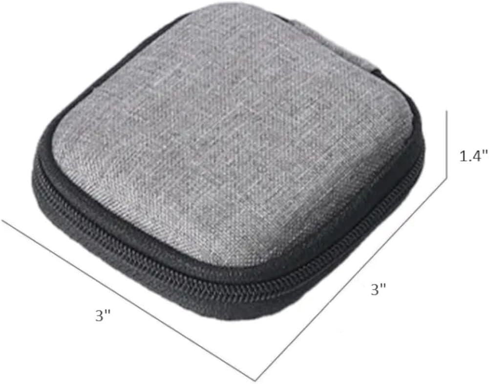An image showing the dimensions of the MPM Charger and Cable Hard Travel Case, indicating it is approximately 3 inches by 3 inches by 1.4 inches.