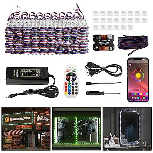 BEAMNOVA 100Ft LED Strip Lights Kit Commercial RGB Storefront Light Strings, Bluetooth Mobile App Control, DC 12V Power Supply, Remote, Connectors, Adhesive Waterproof Outdoor Decorative Lights