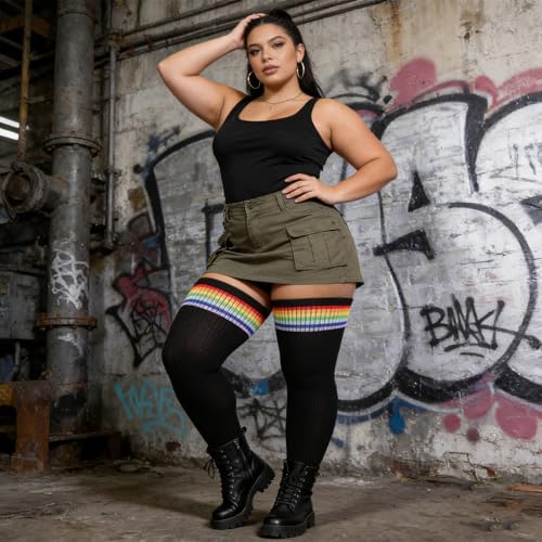 Image of DRESHOW Plus Size Thigh High Socks Striped Over Knee Long Boot Stockings Knee High Tube Socks Leg Warmers for Women