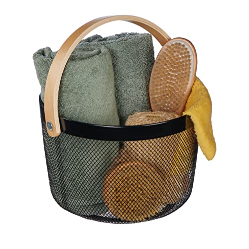 Relaxdays Drahtkorb mit Henkel, rund, Aufbewahrungskorb Metall & Holz,...