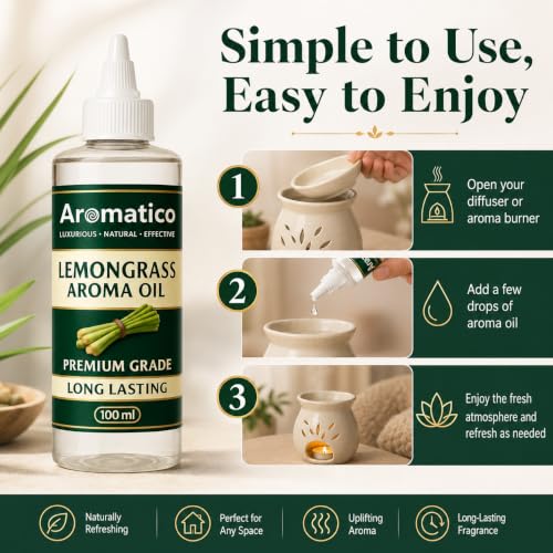 Image of AROMATICO Pure Lemongrass Diffuser Oil with Long-Lasting Fragrance for Homes, Offices & Showrooms | Ideal for Diffusers, Reed Diffusers, Air-Purifiers & Candles - 100 ml