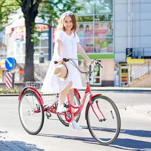 Image of Max4out Adult Tricycle with Large Basket 24 /26 Inch, Stable 3 Wheel Cruise Bicycle for Shopping, Beach and City Trike Perfect for Men, Women, Seniors（Blue /Purple /Red）