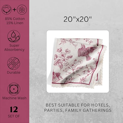 Image of FINGERCRAFT Printed Cloth Napkins Cotton Linen Blend Fabric Set of 12 with Classic Lace 20x20 Inch Dinner Napkin Durable and Good Absorbency for Home, Hotels, Parties (Toile Red)