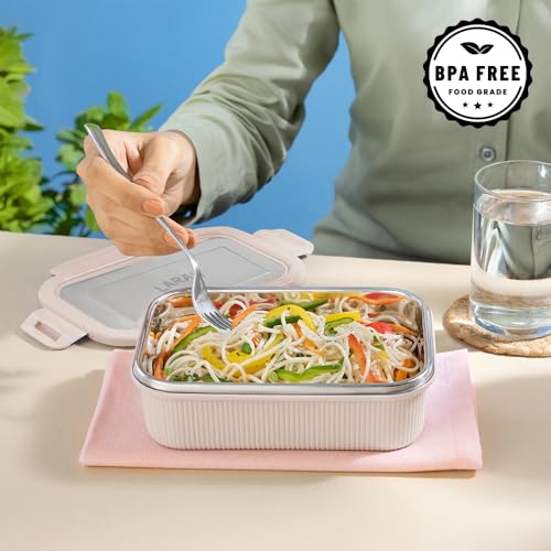 Image of Larah by BOROSIL Freshbyte Food Storage Container with Airtight Stainless Steel Lid | Fridge Container for Lunchbox | Food Grade | Microwave Safe (Beige, 600 ml, Rectangular)