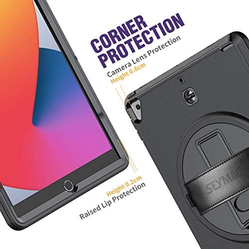 SEYMAC iPad 10.2 2021/2020/2019 Case,iPad 9th/8th/7th Generation Case ,Slim Shockproof iPad Case with Screen Protector,Hand Strap/Stand, Pencil Holder, Shoulder Strap for iPad 10.2 inch, Black