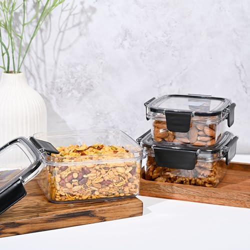 Image of PEARLPET Melody Jars - Airtight, BPA-Free, Stackable Food Storage Containers | Set of 3 Unbreakable PET Jars, Black (400ml, 600ml, 1000ml)