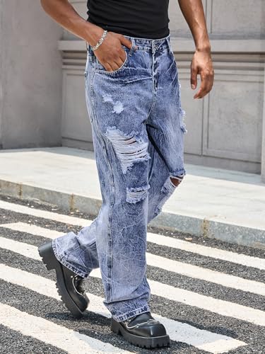 DISLANBO Mens Ripped Jeans Relaxed Fit Straight Leg Y2K Denim Pants Hip hop Streetwear Trousers Aqua Blue — view 4