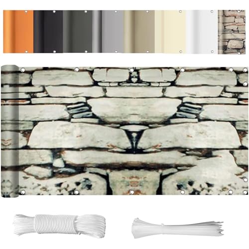 WEALSFUN Balkonabdeckung (390Größen & 8 Farben) Balkonverkleidung Ohne Bohren blickdichte Wind UV-Schutz mit Ösen Kabelbinder Kordel,50X100CM Steinmuster