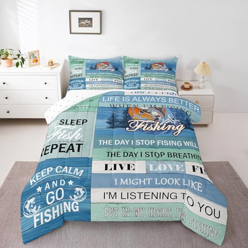 Image of Feelyou Kids Happy Camping Duvet Insert Twin Size, Big Pike Fish Comforter Set Boys Girls for Lake House Bedding Set RV Camping Teens Bedroom Decor with 1 Pillow Case