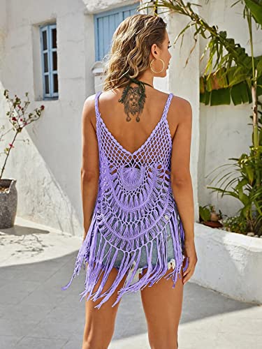 Image of Ekouaer Beach Swimsuit Cover Up Women Crochet Bikini Coverups Summer Pool Swimwear Tassel Dress