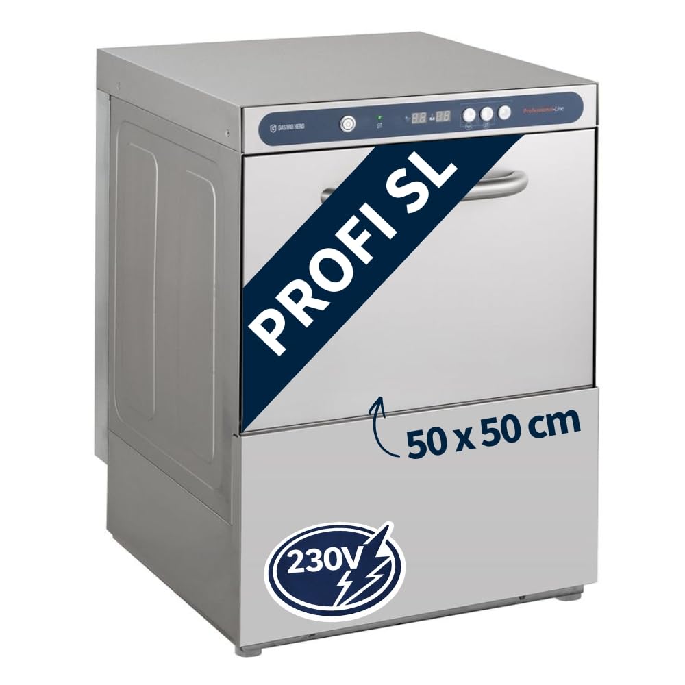 Geschirrspülmaschine PROFI-GSM50SL | Korbmaß 50×50 cm | Profi Geschirrspüler für Gastronomie | mit Reiniger- & Klarspüldosierer | Ablaufpumpe | 230 V | Edelstahl | Made in Europe