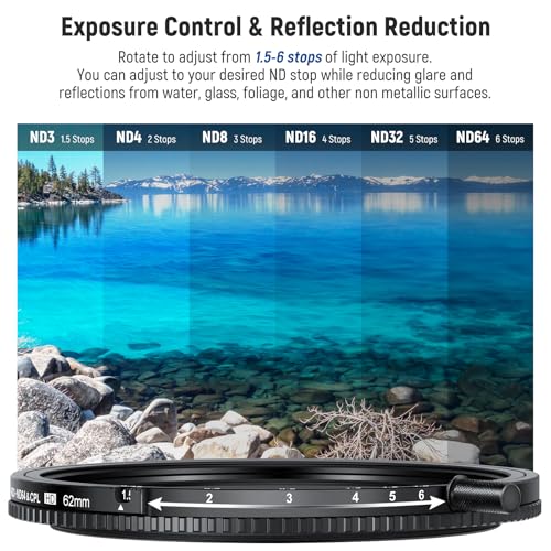 Image of NEEWER 62mm True Colors Variable ND&CPL Filter with Putter, ND3-64(1.5-6 Stops), 2 in 1 Adjustable Limited Neutral Density & CPL Filter, Multi Coated HD Optical Glass /Aluminum Frame /Scratch Resistant