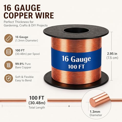 Image of Therwen 100ft 16 Gauge Copper Wire for Gardening, Electroculture, Bonsai, Jewelry Making Beading DIY Craft Pure Bare Copper Wire Spool